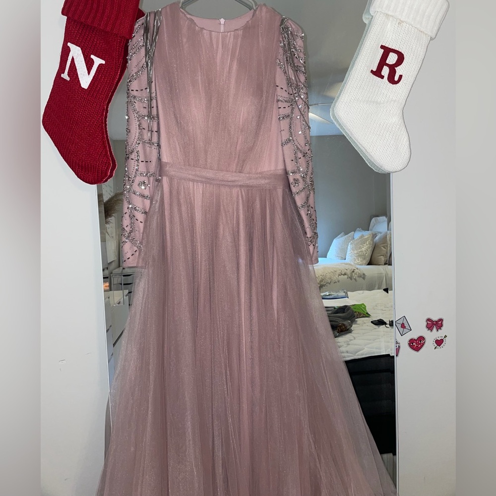 Elegant Long Sleeve Pink Dress with Sequined Details